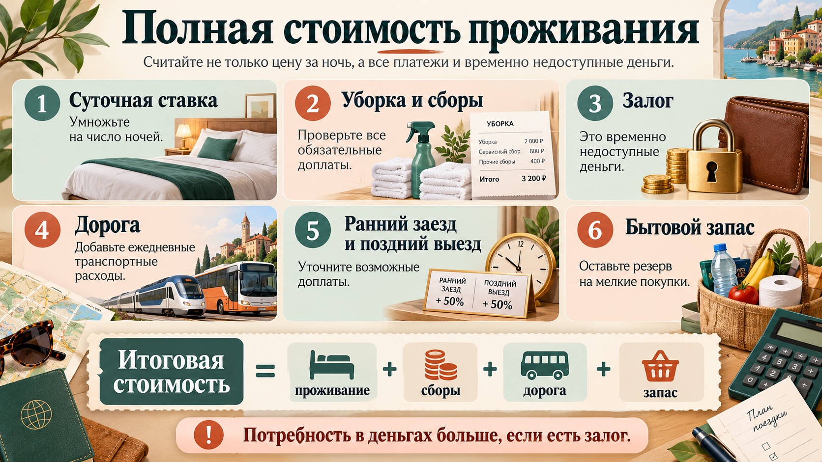 Расчёт стоимости посуточной аренды с учётом сборов, залога и дополнительных расходов.