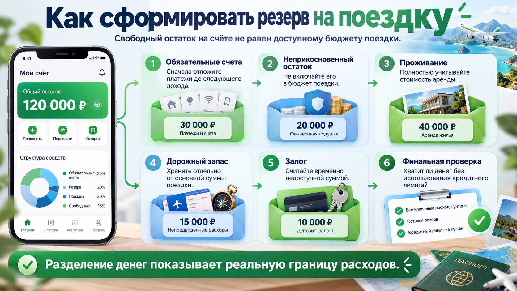 Распределение бюджета поездки на обязательные платежи, проживание, залог и резерв.