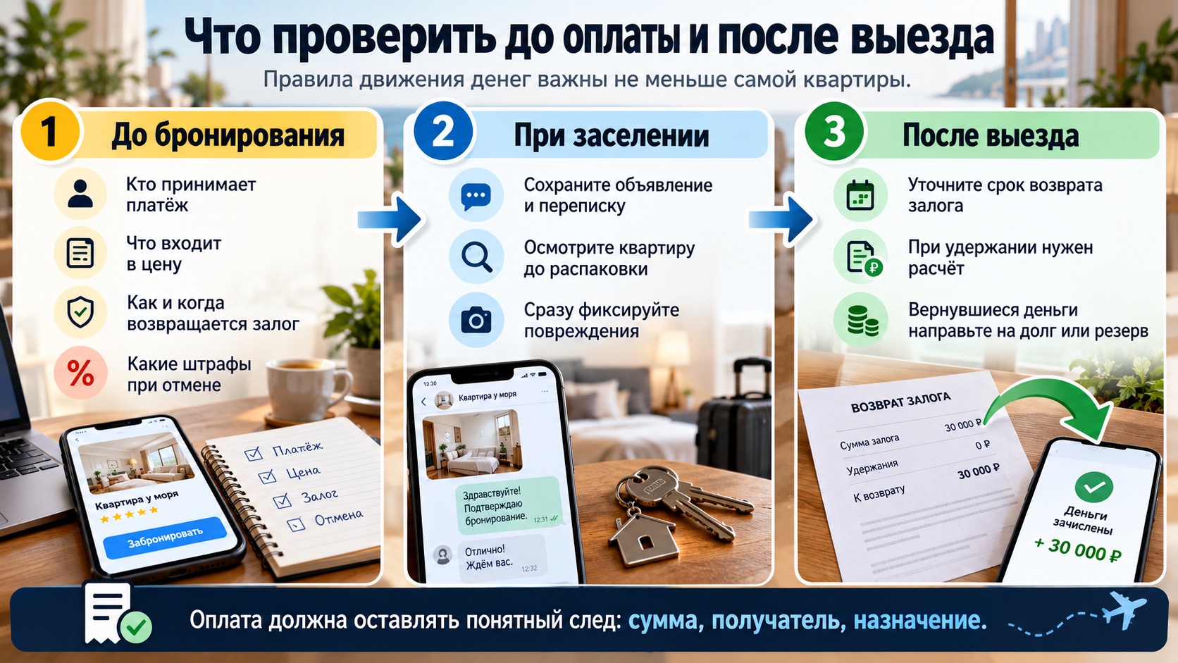 Проверка условий оплаты, заселения и возврата залога при посуточной аренде.